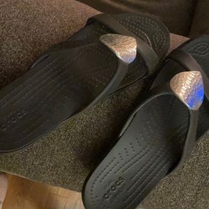 Black croc sandals with silver embellishments